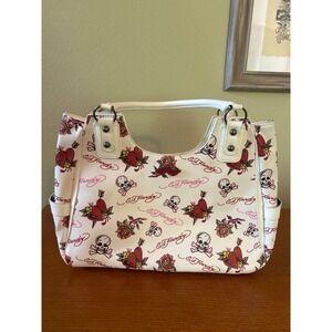 Ed Hardy Tattoo Print Shoulder Bag White Skull Rose Heart Y2K Satchel Tote